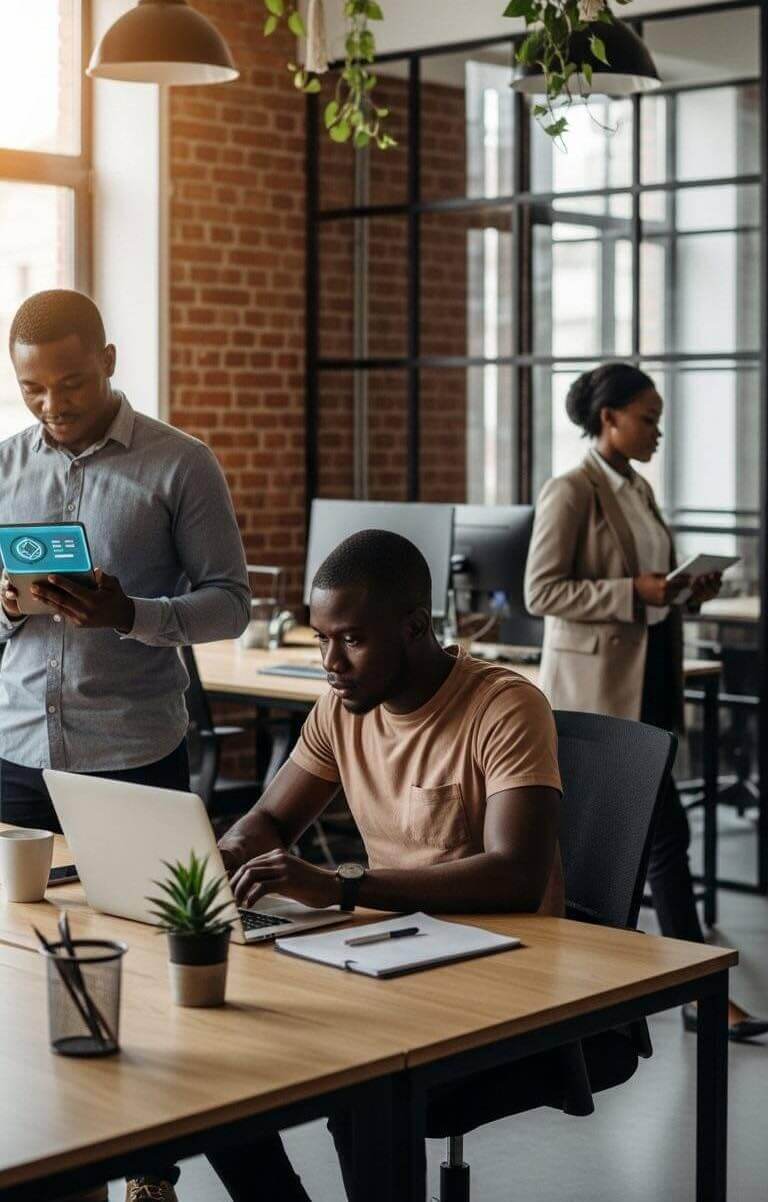 Diverse team of professionals collaborating around a table in a modern office